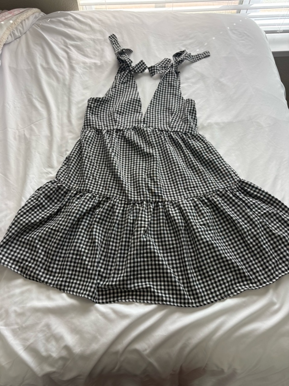 Black and White Gingham Tie-Shoulder Sundress